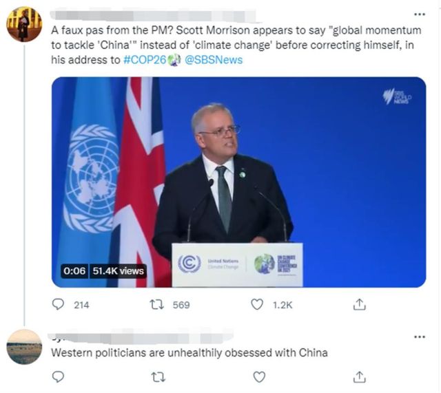 澳总理在COP26上发言“嘴瓢”，口误说成“应对中国”，美媒：中国不该背锅