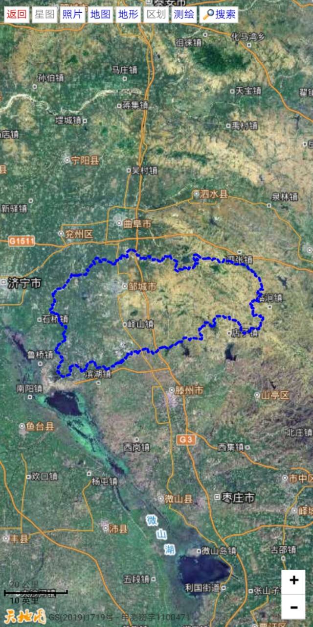从卫星地图上看山东济宁市9县市的地理位置和地形