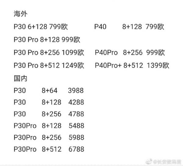 华为P40、P30系列海外价格对比 国行版或售4588元起