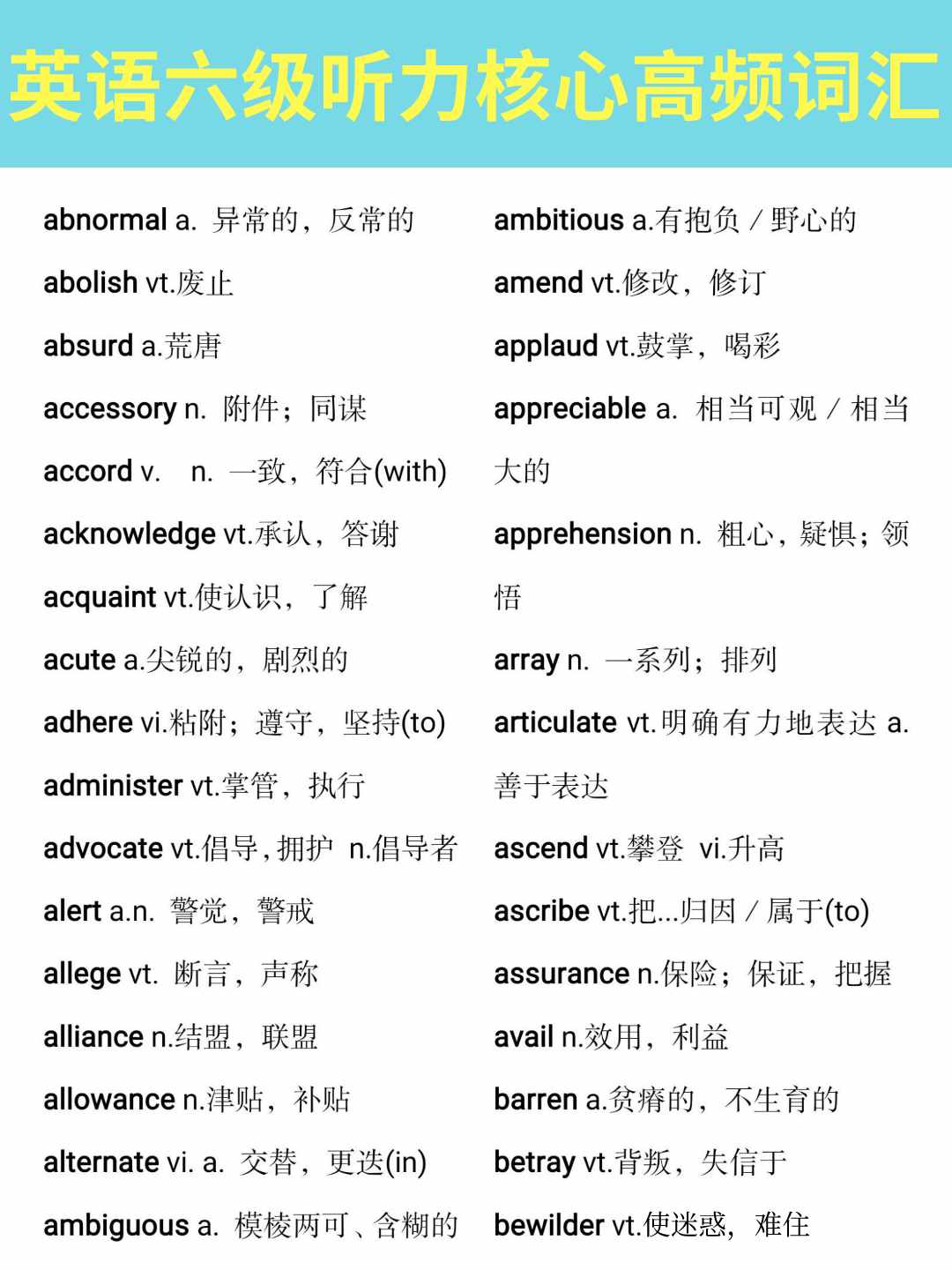 「四六级」英语六级听力核心高频词汇