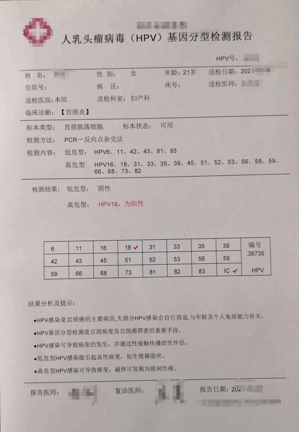 今天这三张病理报告提醒：HPV16和HPV18阳性，一定要引起重视