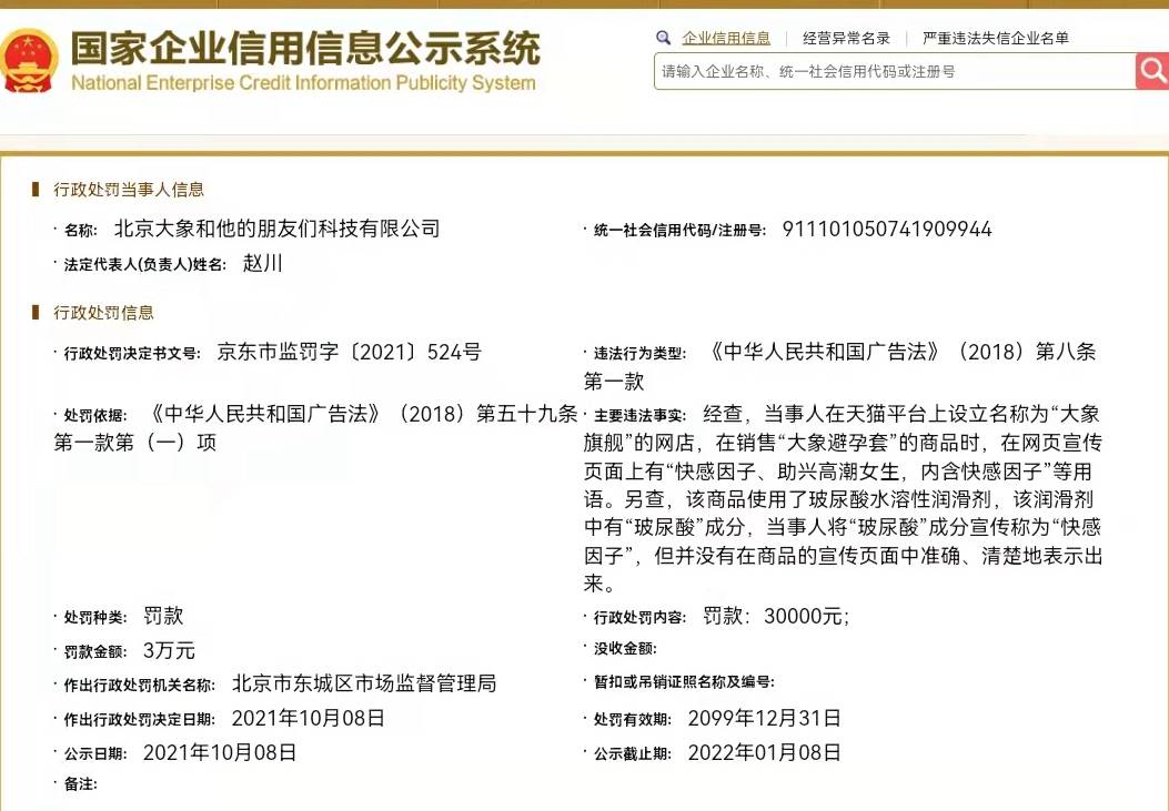 大象安全套公司被北京东城市监局处罚 违反广告法