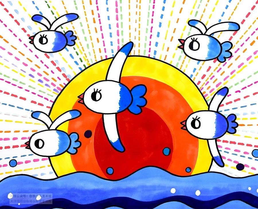 儿童画教程｜水彩笔涂色练习课程《自在翱翔的海鸥》