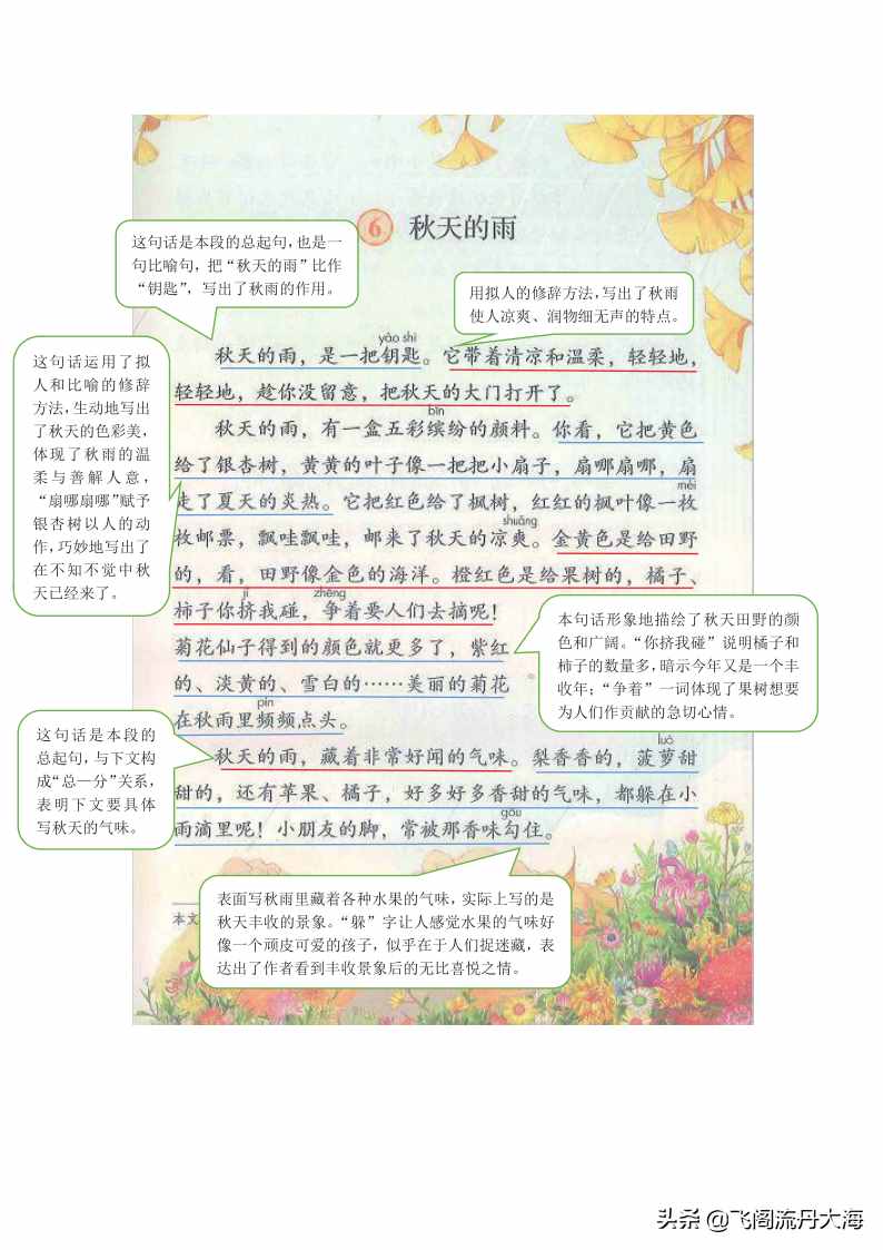 小学三年级上语文6课《秋天的雨》课堂笔记、教案及练习题