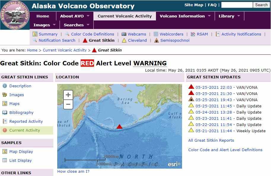 阿拉斯加大锡特金火山喷发 美国地质调查局发布红色航空警报