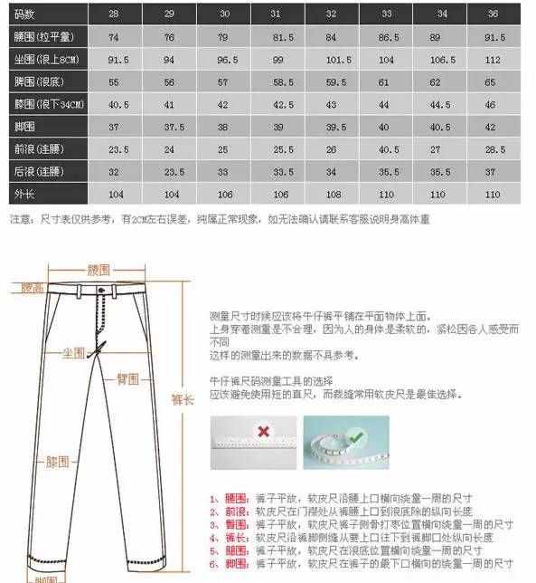 牛仔裤尺码对照表 牛仔裤常见码数有哪些