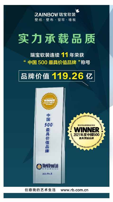 品牌价值119.26亿，瑞宝软装入选《中国500最具价值品牌》