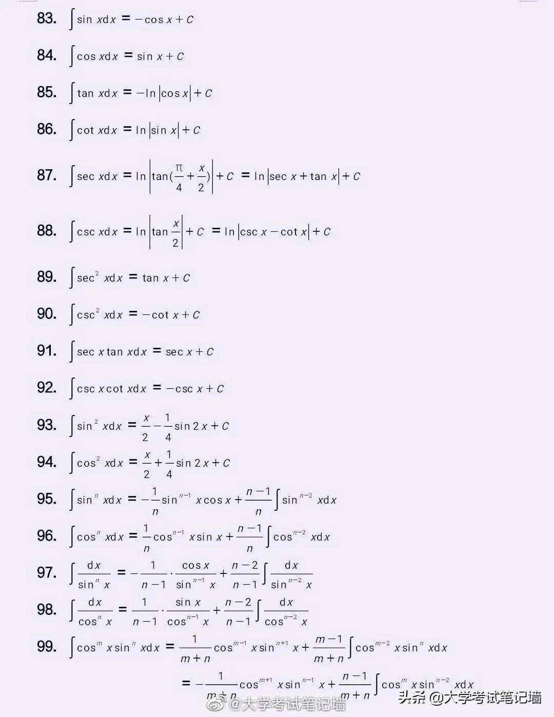 大学高数112个积分公式丨背熟高数不发愁