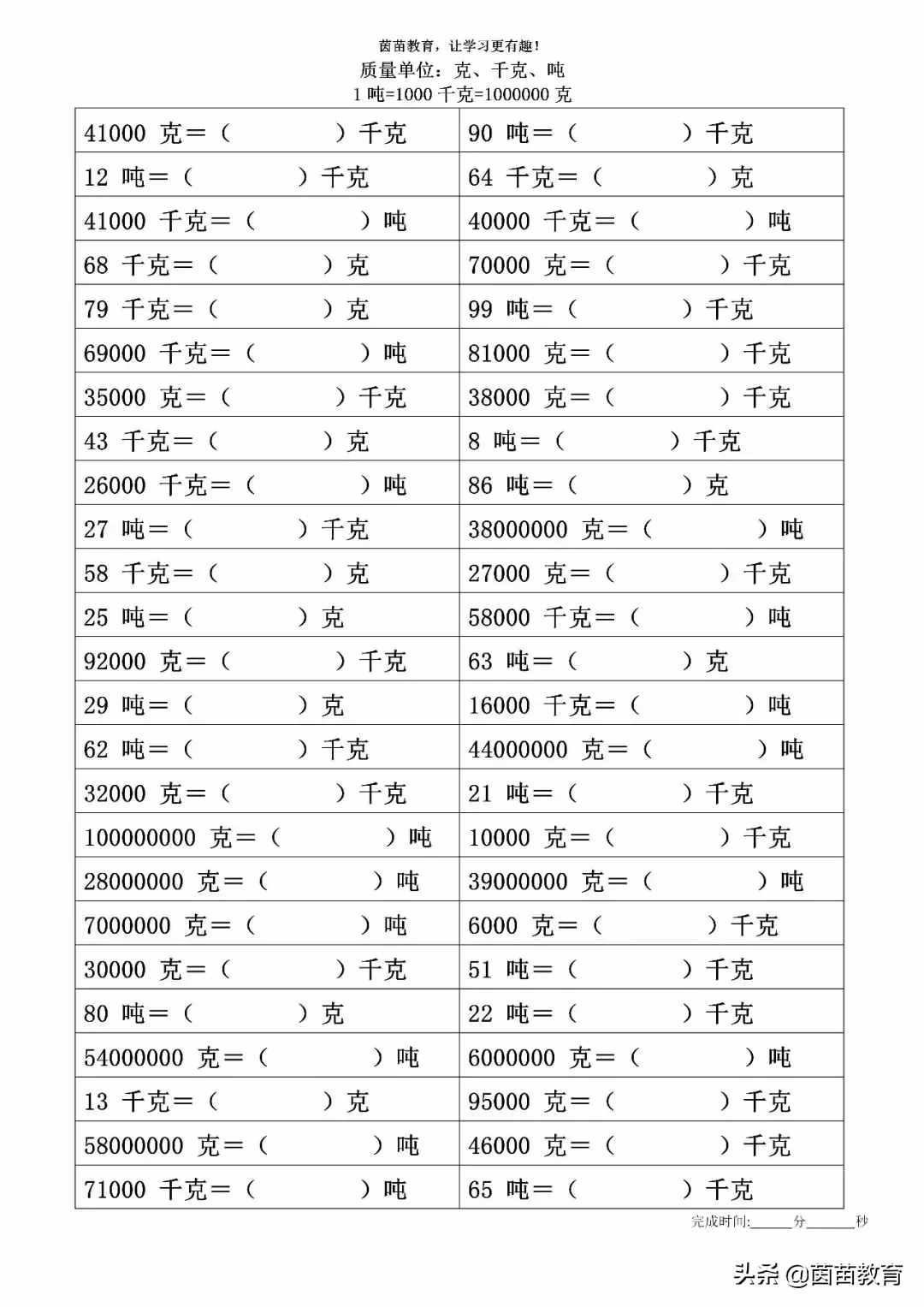 质量单位：克、千克、吨的换算