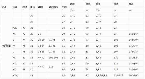 XL是多大尺码 裤子尺码对照表