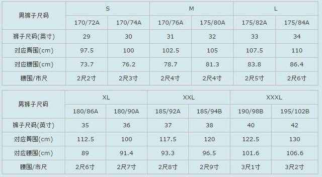 衣服尺码对照表参考手册