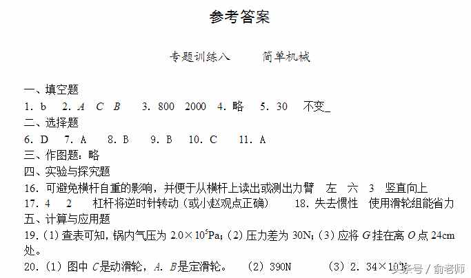 中考物理简单机械专题训练及答案！