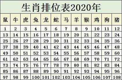 2020年生肖排位表 鼠年号码岁数表