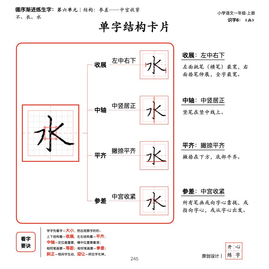 一年级暑假练字，第11篇，了解间架结构规则之参差，横笔参差