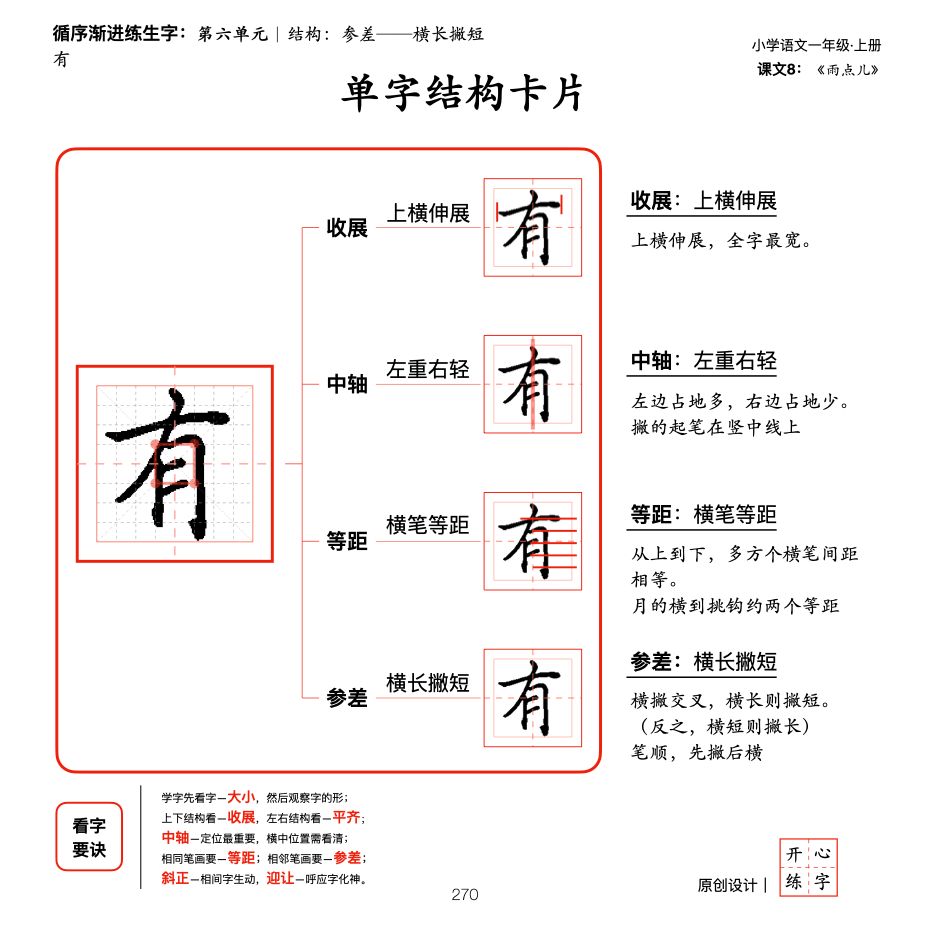 一年级暑假练字，第11篇，了解间架结构规则之参差，横笔参差