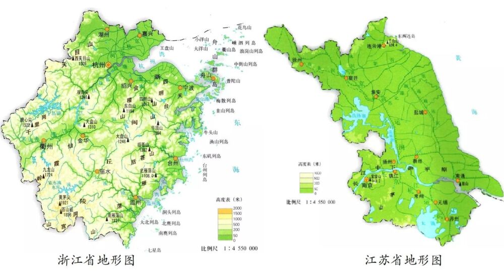 浙江省和江苏省的面积相差不大，但是两省的地形特征差异巨大