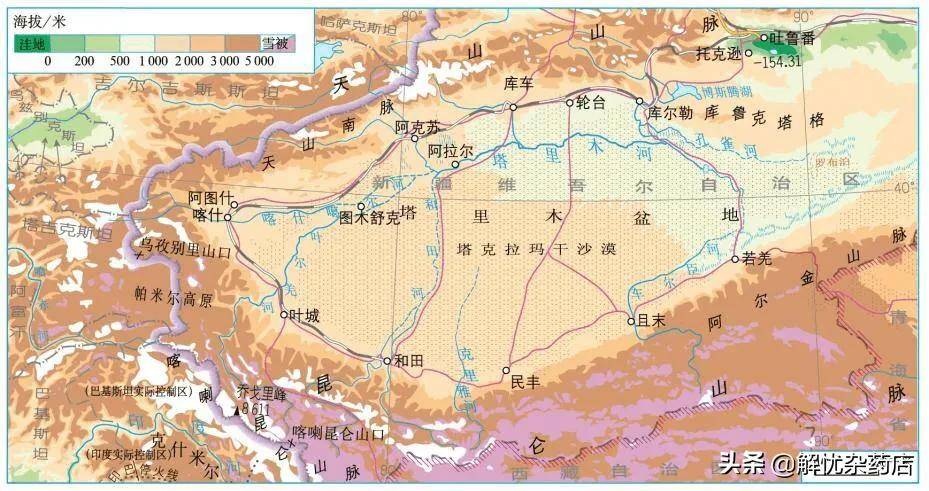 昆仑山北麓，新疆国道315上的采玉河流分布